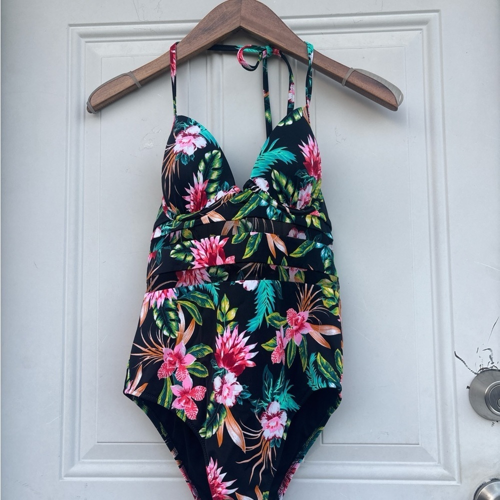 Shade & Shore Black Tropical Floral Girls One-Piece Swimsuit
